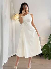 Firerie 女士优雅简约休闲/工作连衣裙，不对称领口带褶饰，纯色中长款