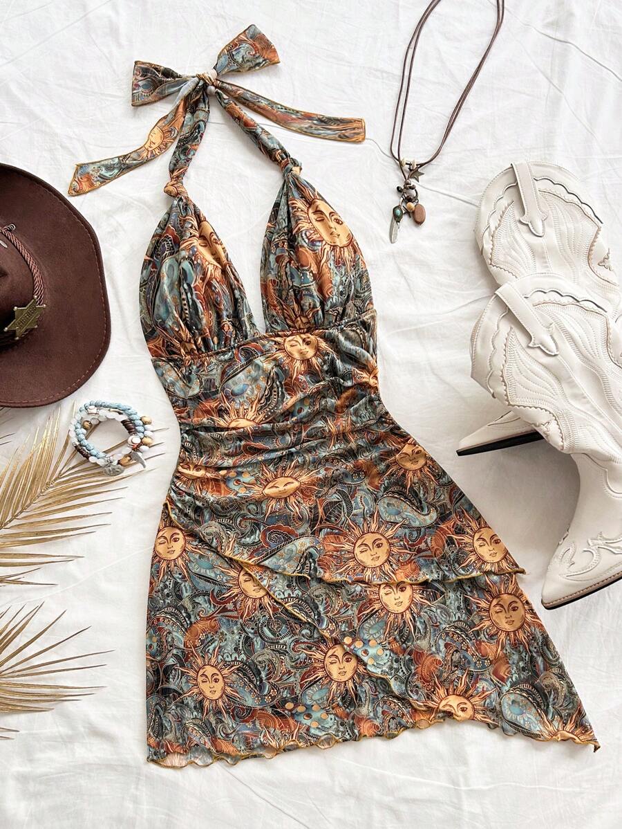 Soleia 复古波西米亚印花吊带 V 领系带网眼褶皱不对称下摆浪漫迷你连衣裙，适合节日、约会、下午茶、度假、音乐节、波西米亚风格 - 彩色 - 查看 1