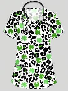 PopScrub Women's V-Neck Short Sleeve Double Pocket Cute Black & White Leopard Print Lucky Three-Leaf Clover Cartoon Print Nurse/Doctor/Pet Grooming/Nutritionist Work Scrub Uniform Top, Multi-Pockets Functional Work Wear, Graphic Tees For Women, Cheap Stuff, Functional Women Festival, Valentine's Day Decor, Winter Women Top