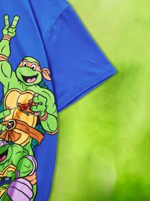 TEENAGE MUTANT NINJA TURTLES | SHEIN Tween Boy Cartoon Turtle Printed Blue Casual Comfortable Short Sleeve T-Shirt,For Spring And Summer. - Blue - View 3