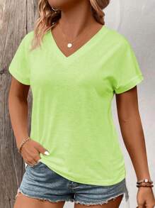 INAWLY Plus Size Women's V-Neck Short Sleeve Patchwork Cuff Casual Versatile T-Shirt, Spring/Summer