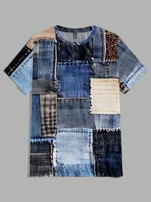 Manfinity Homme Camiseta con estampado de patchwork para hombres, de estilo minimalista, adecuada para el verano