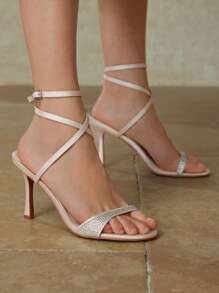 MOTF PREMIUM RHINESTONE ANKLE STRAP HEELED SANDALS - Champagne - View 2