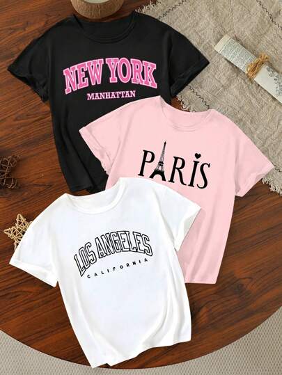 Sparklyn 3pcs Tween Girls' Short Sleeve T-Shirt Set With City Culture, Letter & Graphic Prints, Casual, School, Campus, College