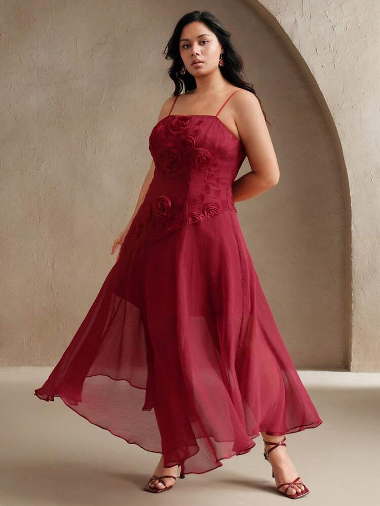 Plus Size Elegant 3D Floral Strap Dress, Mermaid Flared Skirt, Lightweight Evening Dress