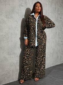 SHEIN SXY 2pcs Plus Size Leopard Print Shirt And Pants Set, Fashionable For Autumn Semi Formal Office Teacher Brown Casual - Multicolor - View 5