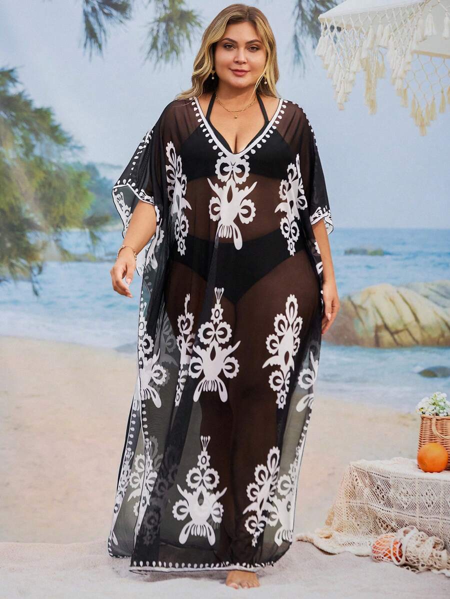 Swim Lushoire Plus Size Retro Printed Conservative Style Loose Beach Cover-Up Dress For Women For Summer Beach Vacation - Multicolor - View 1