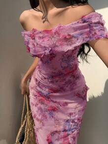 Chiquease Women's Random Floral Print Bodycon Dress, Spring/Summer - Pink - View 3