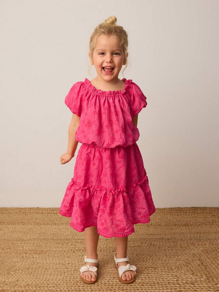 Young Girl Summer 2pcs Set: Solid Color Bow Embroidery Square Collar Petal Sleeve Top & Relaxed A-Line Ruched Flared Hem Skirt, Casual Vacation Bohemian Style