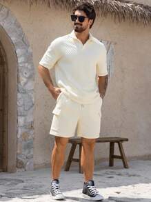 DAZY Men's Beige Textured Polo Shirt & Shorts Set, Summer - Beige - View 3