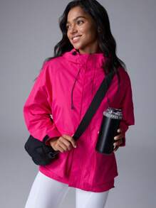 Menodora SHEIN Sport Cityvoya 女士宽松连帽纯色防风拉链袖口大衣，休闲外套 - 粉色 - 查看 7