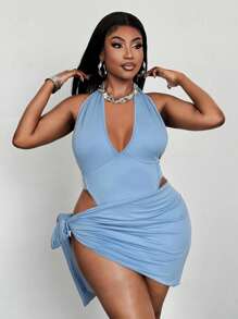 Maweii Plus Size Women's Solid Color Backless Halter Bodysuit & Cover Up Two Pieces Set - Blue - View 6