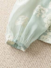 SHEIN 大码女式系带长袖杏色中国传统提花衬衫 - 綠色 - 查看 3