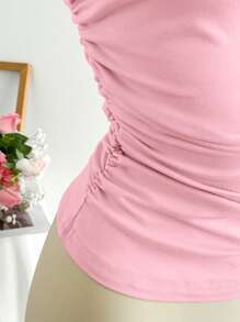 Elamini 杏色褶皱紧身肩带衬衫，时尚简约休闲优雅日常通勤上衣，女士，春夏 - 粉色 - 查看 6