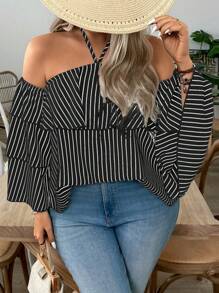 SHEIN LUNE Plus Size Black & White Striped Sleeveless Tank Top, Casual & Slimming Design - Black and White - View 5