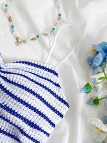 Flirla Women Summer Casual V-Neck Ruffled Striped Camisole, Versatile For Holiday And Daily Wear
