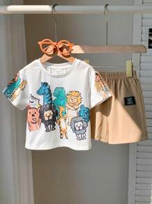 SHEIN Leap Crew 2 pièces/Set Débardeur maillots T et shorts pour bébés garçons/filles, style décontracté mignon avec imprimé animal au crayon, col rond, épaules tombantes, tricot ample. 2 pièces, tenue appropriée pour le printemps et l'été, pour porter à l'intérieur et à l'extérieur - Kaki - Voir 6