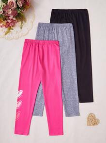 SHEIN Set de 3 piezas de mallas largas de capa base con estampado de corazones de unicolor sencillo y lindo para niña - Multicolor - Ver 2