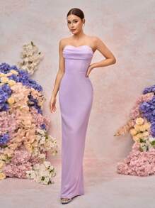 SHEIN Belle 优雅紫色简约设计吊带开叉领合身及地长开叉露背伴娘礼服 - 淡紫色 - 查看 4