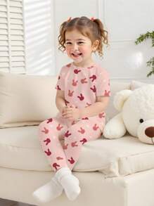 2 Pcs/Set Young Girl Rabbit Pattern Round Neck Knitted Elastic Short Sleeve Top And Pants Home Outfit Set, Light Pink & Wine Red - White - View 3