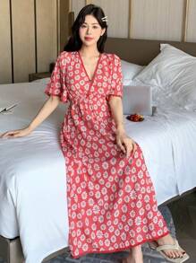 DAZY 花卉印花 V 领束腰超长女式睡袍，度假风格睡衣 - 紅色 - 查看 5