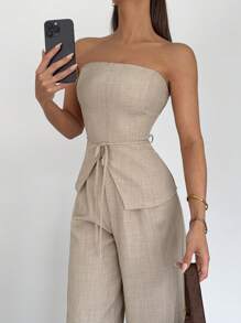 Siren Gaze 女士露肩无袖两件套，夏季女士夏装，女士服装两件套夏季，商务休闲女士工作服女士夏季套装 - 杏色 - 查看 5