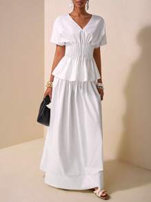 Slaydiva 2 件套 2025 春夏新款休闲通勤 V 领短袖褶皱腰 A 字衬衫和超长 A 字裙套装，适合旅行、度假、通勤、派对和休闲场合 - 款式 B - 白色 - 查看 6