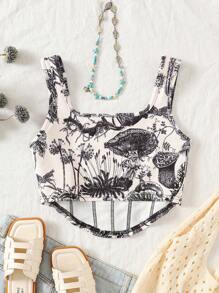 SHEIN Tween Girls' Knit Printed Backless Vacation Tank Top, Suitable For Summer Holiday - Black and White - View 2