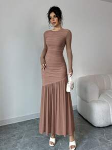 Firerie Đầm lưới cổ tròn tay dài cho nữ, thích hợp mặc vào mùa thu, trang phục trở lại trường, trang phục giáo viên - Bụi hồng - Xem 6