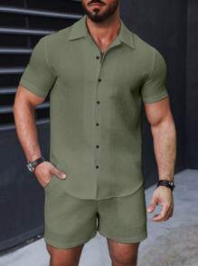 Manfinity Homme 2pcs/Set Men's Solid Color Short Sleeve Single-Breasted Shirt & Shorts Casual Outfit - Army Green - View 3
