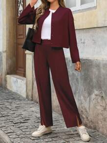 SHEIN Essnce Women Casual Commuting Solid Color Jacket & Pants 2 Pieces Set - Burgundy - View 4