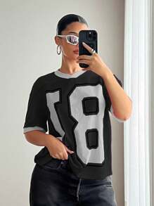 EgrlEra Women's Street Style Magenta Color Letter Print T-Shirt - Black - View 1