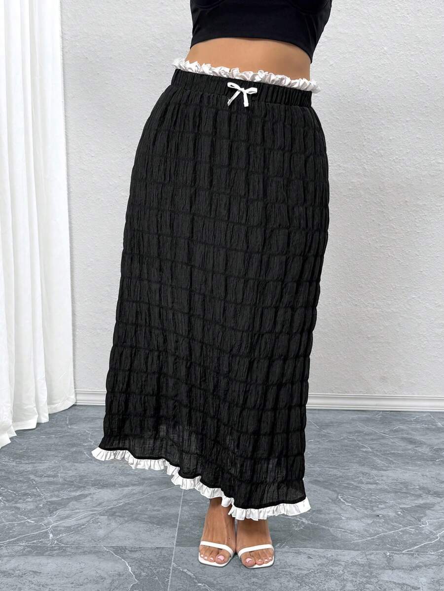 SHEIN Frenchy Plus Size Casual And Elegant Texture Chiffon Color Block Bow Long Skirt - Black - View 1