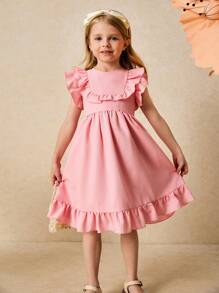 SHEIN Vestido holgado con volantes en el bajo, color rosa elegante, para niñas, primavera/verano