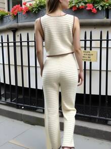 INAWLY 2pcs Women Elegant Button Front Cardigan Vest And Pants Set, Spring/Summer - Apricot - View 2