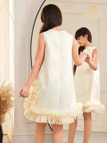 SHEIN Tween Girls Elegant Fitted Handmade Beaded 3D Floral Mesh Organza A-Line Sleeveless Dress, Loose Fit Woven Plain Fabric, Suitable For Wedding, Party, Birthday, Apricot & Champagne Colors