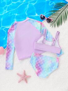 3pcs Tween Girls Spring/Summer Swimwear Set. Spaghetti Strap Tankini Top, Swim Bottoms And Long Sleeve Rash Guard. Cute & Fashionable Fish Scale And Mermaid Tail Pattern In Light Purple And Blue Color Combination, Suitable For 8-12 Years Old Girls. Perfect For Beach Vacation, Swimming And Water Park - Multicolor - View 3