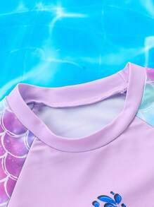 3pcs Tween Girls Spring/Summer Swimwear Set. Spaghetti Strap Tankini Top, Swim Bottoms And Long Sleeve Rash Guard. Cute & Fashionable Fish Scale And Mermaid Tail Pattern In Light Purple And Blue Color Combination, Suitable For 8-12 Years Old Girls. Perfect For Beach Vacation, Swimming And Water Park - Multicolor - View 4