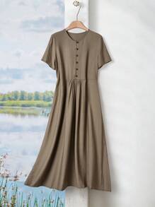 Rusticease Damen Knopf Design einfarbiges Kurzarm Lässig Kleid
