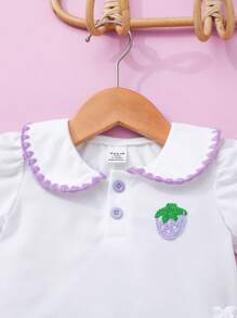 SHEIN Baby Girl Casual Strawberry Embroidery Short Sleeve Top With A-Line Skirt Set, Spring/Summer - White - View 4
