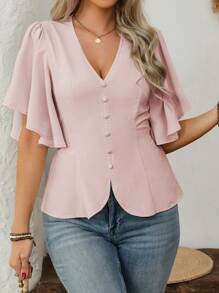 EMERY ROSE 大码女式优雅法式设计 V 领纽扣装饰腰部喇叭袖短袖衬衫，适合工作、休闲、度假、春夏季