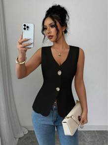 Rafferiza Solid Color Sleeveless Shirt For Summer Casual And Commute Fall Cloth For Women - Black - View 1