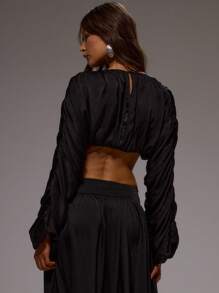 MUSERA Round Neck Extreme Ruched Flared Long Sleeve Crop Top Only Vacation Elegant Wedding Guest Graduation Formal Holiday Wedding Guest Going Out Tops  ,Elegant Spring Summer - Black - View 3