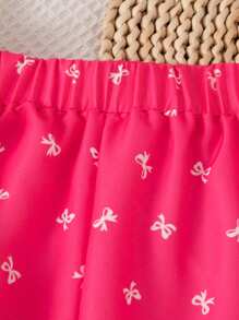 SHEIN Girls Summer Butterfly Pattern Outfit: Floral Embroidery Cap Sleeve Top With Cute Bowknot Print And Loose Fit Wide Leg Pants, Sweet Retro Style - Hot Pink - View 6