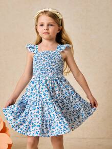 SHEIN Young Girls' Elegant Blue Ditsy Floral Chiffon Dress, Spring/Summer - Blue - View 1