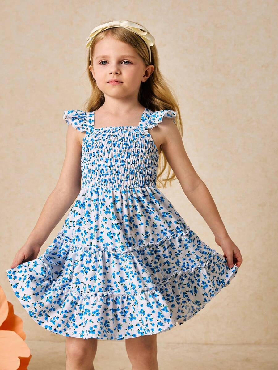 SHEIN Young Girls' Elegant Blue Ditsy Floral Chiffon Dress, Spring/Summer - Blue - View 1