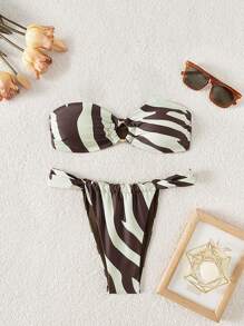 SHEIN Swim 2pcs Tiger Pattern Printed Summer Swimwear Set For Women, With Random Prints & Metal Accessories - Multicolor - View 1