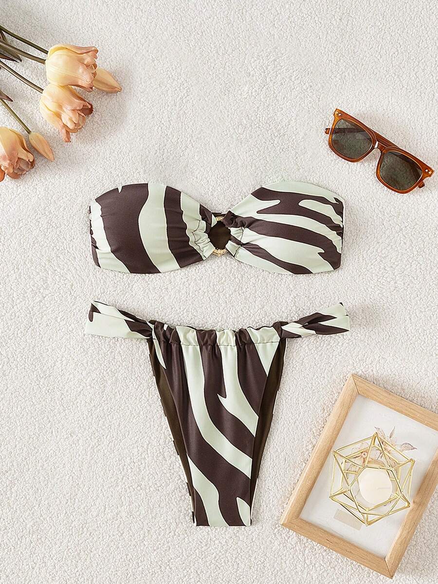 SHEIN Swim 2pcs Tiger Pattern Printed Summer Swimwear Set For Women, With Random Prints & Metal Accessories - Multicolor - View 1