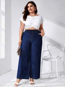 SHEIN Essnce Jeans a vita elastica con tasche, a gamba ampia, taglie comode per donne