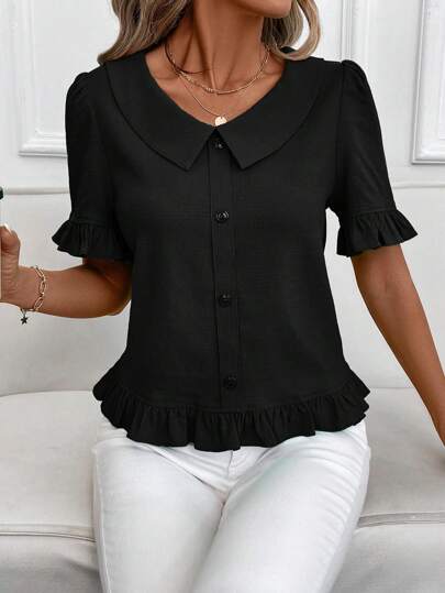 SHEIN Clasi Women Solid Color Front Button Short Sleeve Casual Top Blouse, Everyday Wear,Going Out Tops,Summer For Women